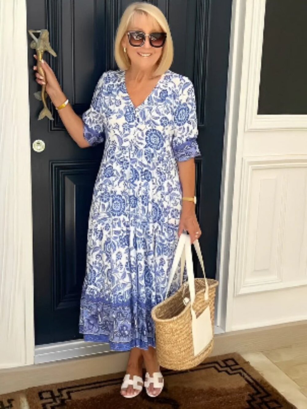 Blue & White Floral Midi Dress - Classic Women's V-Neck